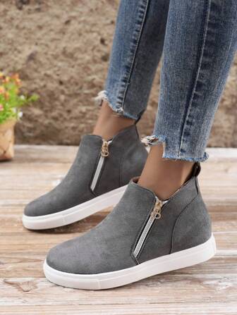 2024 New Round Toe Side Zipper High Top Platform Wedge Heel Casual Plus Size Ankle Boots For Women