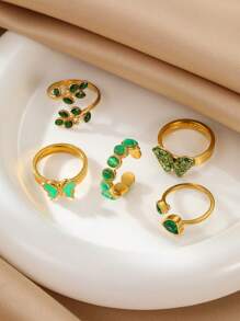 Onelike Bộ 5 chiếc nhẫn vàng dành cho nữ bằng thép không gỉ được khảm đá quý màu xanh lá cây và giọt dầu màu xanh lá cây, với nhiều mẫu hoa khác nhau như tình yêu, bướm, lá, v.v., thích hợp để trang trí hàng ngày hoặc tặng quà cho phụ nữ - Vàng - Xem 2