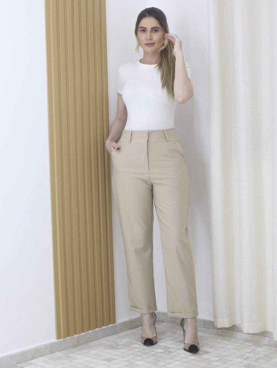Refreshing Plain Tailor Women's Pants With Button - Maxma 6631 - Beis - Ver 1
