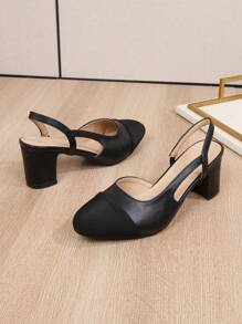 2025 新款方头拼色露边踝带经典法式设计大码女式凉鞋，老款风格，皮鞋，中跟，粗跟高跟鞋，时尚高跟鞋，复古法式优雅低跟小码鞋