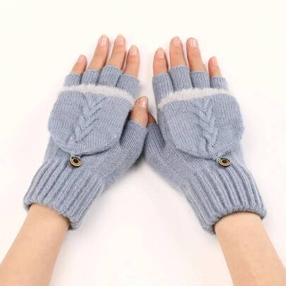 1Pair Fingers Free Wool Gloves Women Knitted Flip Fingerless Exposed Finger Thick Glove Mittens Winter Warm Thickening Women Mitts Christmas And Thanksgiving Gifts For Family