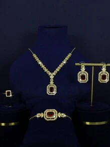 5pcs 18K Gold Plated Luxury Royal Style Square Tassel Design Bridal Wedding Jewelry Set, Including Necklace, Bracelet, Earrings, Ring, Handcrafted With White & Green Cubic Zirconia, Suitable For Daily Wear And Wedding Ceremony, Wedding Anniversary Gift - Bridal Set - View 8