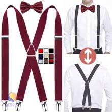 Tirantes Con Moño Pajarita Unitalla Adulto Unisex Ajustables; Juego de tirantes y corbatín para hombre, perfecto para bodas y eventos formales, Negro -, Talla única; Tirantes de los Hombres - Juego de tirantes y pajarita para hombre ajustables Tirantes de Clip Resistentes en Y Ajustables para Informal y Formal - Burdeos - Ver 2