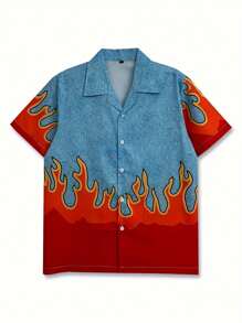 4-Way Stretch 3D Printed Shirt, Blue & Red Flame Design, Casual For Men - 彩色 - 查看 1