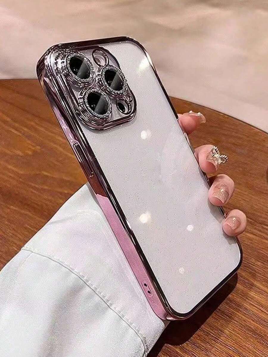 Clear Phone Case IPhone 16 1pc Glitter Full Coverage Electroplated Phone Case Compatible With IPhone 11, 15 Pro Max, 14 Pro Max Waterproof Shockproof Anti-Fall Scratch Resistant - Pink - View 1