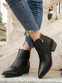 时尚法式尖头中跟短靴，时尚英式女式踝靴 - 黑色 - 查看 2