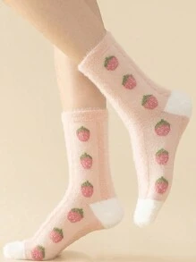 6双装女士可爱草莓图案保暖绒面中筒袜，适合秋冬季穿着 - 彩色 - 查看 6