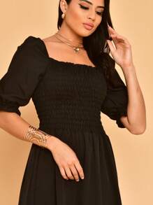 Lastex Plain Midi Dress With Short Sleeves - Black - View 5
