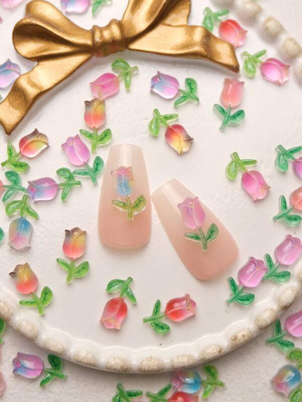 50 pièces Décorations d'ongles en résine 3D à fleurs de tulipe luminescentes, design de dégradé bicolore