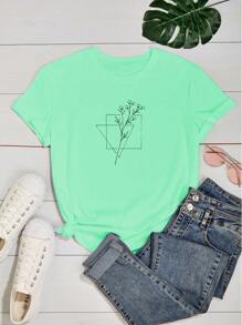 Camiseta Feminina Babylook T Shirt 100% Algodão Flores Minimalistas Quadrado Triângulo Moldura - Verde Menta - Visão 2