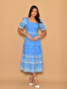 Helena Crepe Printed Midi Dress With Short Sleeves - Baby Blue - View 2