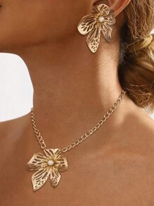 3pcs Gothic Exaggerated Flower Earrings, Necklace Jewelry Set, Gift For Women - Yellow Gold - View 1