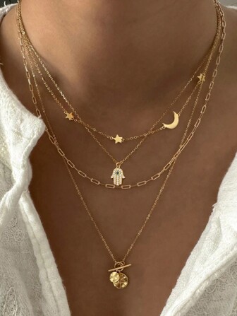 1 Set Women Multi-Layer Necklace With Star, Moon, Devil Eye Charms, Casual / Holiday Gift