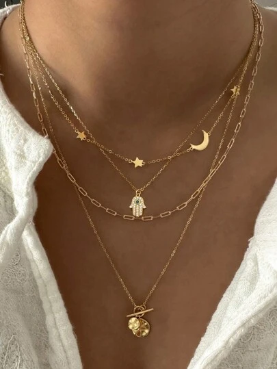 1 Set Women Multi-Layer Necklace With Star, Moon, Devil Eye Charms, Casual / Holiday Gift