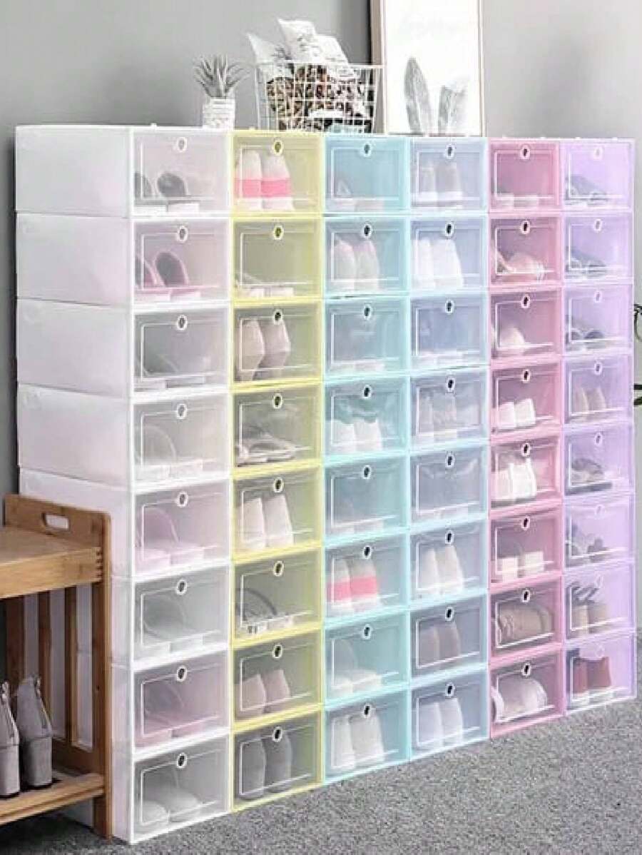 Organizador de almacenamiento de ropa,  De 6 Cajas de almacenamiento de zapatos, apilables, de plástico, organizador de almacenamiento de zapatos, contenedores transparentes para zapatos, contenedores para armario, entrada, dormitorio, baño, cajones de almacenamiento - Multicolor - Ver 1