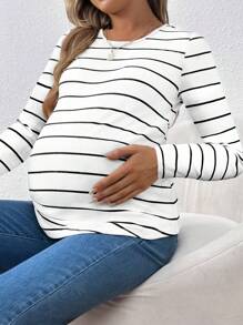 Camiseta de manga larga de punto acanalado con estampado de rayas, sencilla y casual para maternidad
