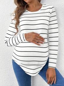 Camiseta de manga larga de punto acanalado con estampado de rayas, sencilla y casual para maternidad