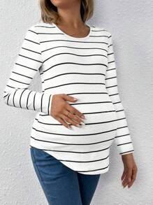 Camiseta de manga larga de punto acanalado con estampado de rayas, sencilla y casual para maternidad