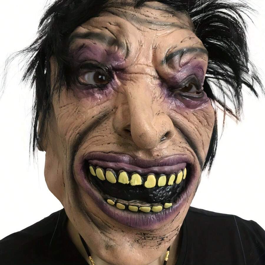 Nueva máscara aterradora de horror para Halloween - Mueca de pelo negro y dientes amarillos. - Ver 1