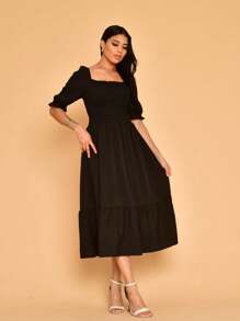 Lastex Plain Midi Dress With Short Sleeves - Black - View 3