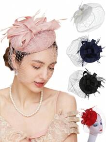 迷人的鸡尾酒头带亚麻蝴蝶结帽子面纱羽毛发夹面纱羽毛肯塔基州药盒德比新娘婚礼茶会帽子 - 黑色 - 查看 1