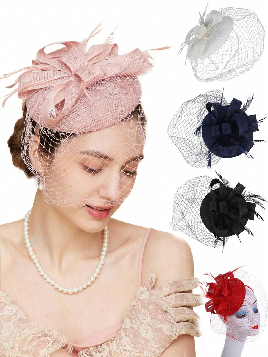 迷人的鸡尾酒头带亚麻蝴蝶结帽子面纱羽毛发夹面纱羽毛肯塔基州药盒德比新娘婚礼茶会帽子 - 黑色 - 查看 1