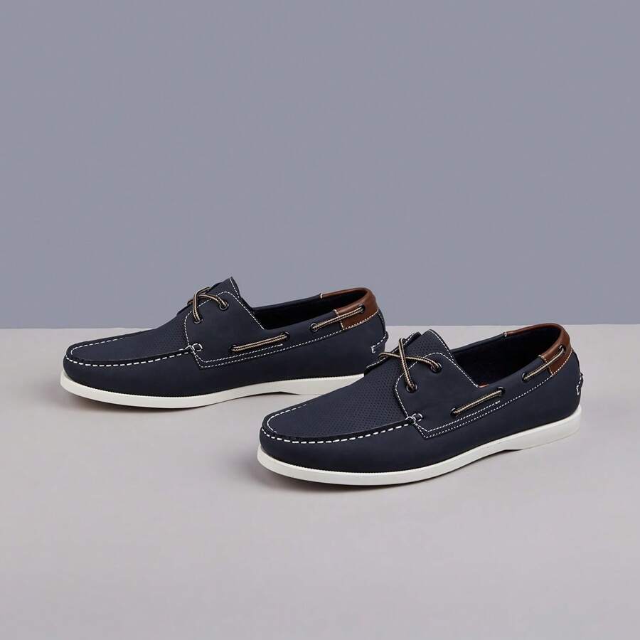 Herren Marine Blau Lässig Weich Kork Komfort Einlegesohle Texturierte Schnürschuhe für Bootsfahrten - marineblau - Übersicht 1