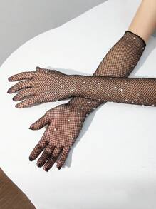 1 Pair Rhinestone Studded Fishnet Gloves, Stretchy Black Rave Dance Gloves For Halloween Or Party - Multicolor - View 1