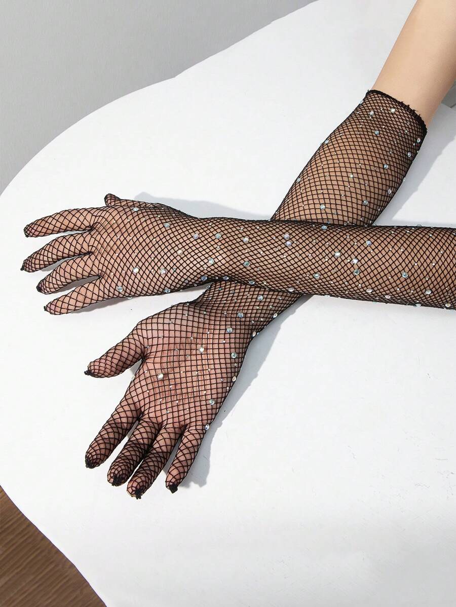 1 Pair Rhinestone Studded Fishnet Gloves, Stretchy Black Rave Dance Gloves For Halloween Or Party - Multicolor - View 1