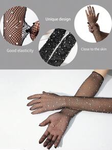 1 Pair Rhinestone Studded Fishnet Gloves, Stretchy Black Rave Dance Gloves For Halloween Or Party - Multicolor - View 2