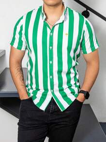 Camisa Hombre Casual Manga Corta Rayas Verdes, Blancas - Verde - Ver 2