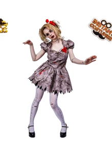 成人女款恐怖血腥僵尸木偶小丑万圣节服装角色扮演舞台表演服装 - 咖啡棕 - 查看 3