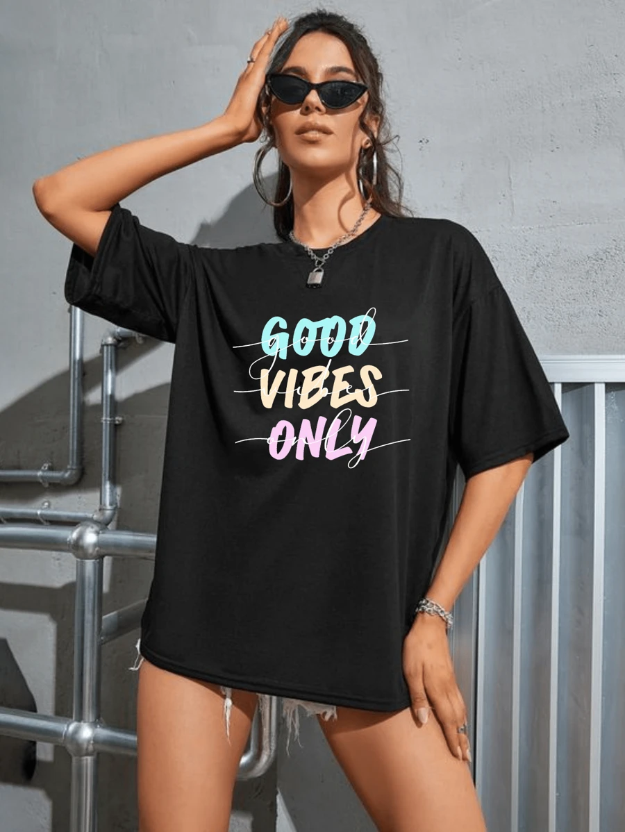 Blouse Oversized T-Shirt Print Good Vibes Only Fashion - màu đen - Xem 1