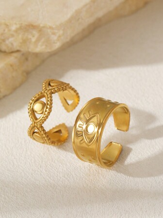 2pcs/Set Stainless Steel Boho Open-Style Rings For Women, Fashionable And Simple Daily Accessory