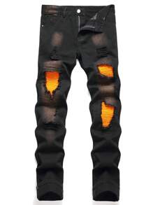 男式黑色直筒修身复古破洞牛仔裤 - 黑色 - 查看 2