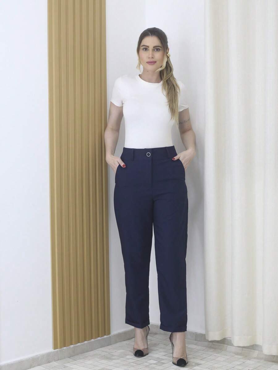 Refreshing Plain Tailor Women's Pants With Button - Maxma 6631 - 藏蓝色 - 查看 1