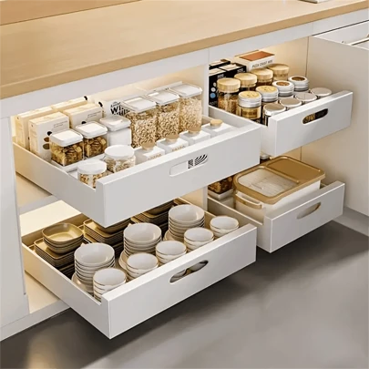 1 pieza Cajón deslizable de 15.7 pulgadas para armarios, sin necesidad de instalación, cesta de almacenamiento con cajón deslizable de metal para armario, almacenamiento para especias y platos en la cocina, caja de almacenamiento deslizable adecuada para el fregadero