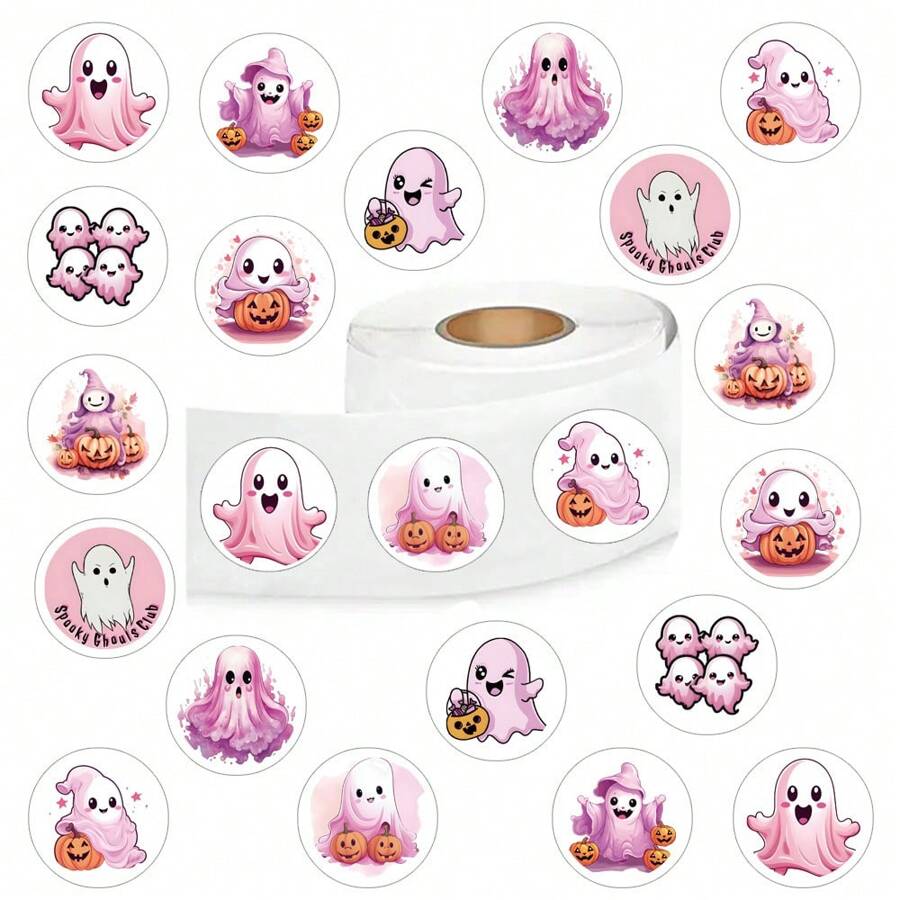 500 miếng dán hình ma màu hồng 1 inch, cuộn nhãn dán thẩm mỹ hoạt hình dễ thương, nhãn dán tự dính dùng để trang trí sổ lưu niệm, phong bì, cốc thủ công, nhật ký, quà tặng, đồ dùng cho bữa tiệc (10 mẫu) - Hồng - Xem 1