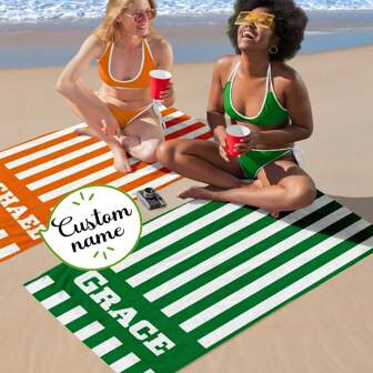 1pc Custom Striped Beach Towel With Name, Personalized Name Bath Towel, Custom Pool Towel, Bachelorette Birthday Vacation Gift, Collage Font Multi-Functional, Quick Dry, Breathable, Reusable Exquisite, Comfortable, Soft, Modern, Colorful Custom For Children's Day, For Father's Day, For Graduation, For Weddings, For Housewarming Bathroom, Living Room, Bedroom, Home Summer Holiday Bathroom Decor