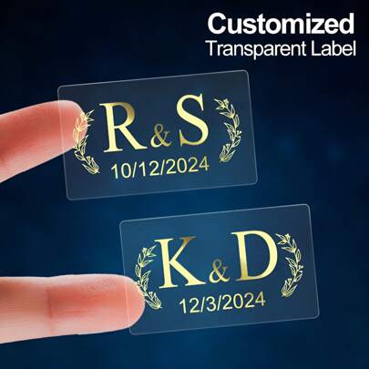 Pegatinas cuadradas transparentes personalizadas con lámina de oro premium - Perfectas para realzar la decoración de bodas, anuncios de compromiso o recuerdos exclusivos de fiestas - Personaliza con tu fecha y iniciales únicas, ideal para bodas, celebraciones, aniversarios, para usar en botellas de vino, invitaciones, regalos y talla grande. Resistente al agua, ornamental, adhesivo exquisito, vintage