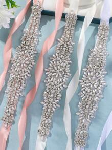 1pc Rhinestone Applique Bridal Belt Bridal Belt Wedding Belt Crystal Ribbon Wedding Dress, - Silver - View 2