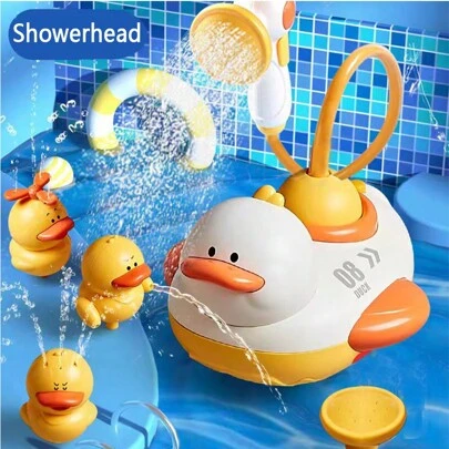 1pc Baby Bath Sprinkler, Cute Duck Shape, With 3 Sprinkler Ducks, Automatic Shower Head With Suction Cup Bracket, No Need To Drill, Bath Toys For Kids