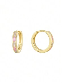 Artepollo 1 Pair 925 Sterling Silver Hypoallergenic Hoop Earrings, Inlaid With Pink And White Square Cubic Zirconia, Gift Box, Gift For Kids, Young Girls, Friends Birthday