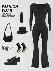 Yefecy 女式运动喇叭裤，高弹力运动长袖连体裤，性感露背健身紧身臀部瑜伽连体裤 V 型后背 - 黑色 - 查看 9