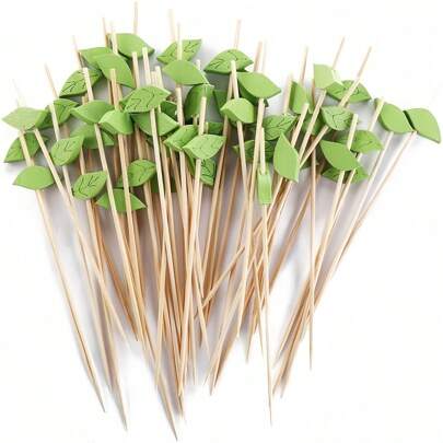 200/100/50/20/10 piezas Palillos con forma de hoja verde tropical para alimentos, pinchos para frutas de cóctel, palillos de dientes de lujo, pinchos de bambú de 4.7 pulgadas para fiestas hawaianas, Navidad