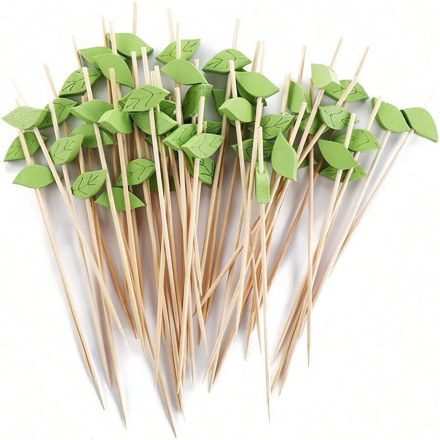 200/100/50/20/10pcs Tropical Green Leaf Shaped Food Picks, Cocktail Fruit Sticks, Fancy Toothpicks, 4.7 Inch Bamboo Skewers For Hawaiian Party,Christmas - Green - View 1