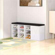 9-Rack Shoe Bench W/ Door Cabinet & 9 Racks & Sponge Padded Cushion White - Multicolor - View 2