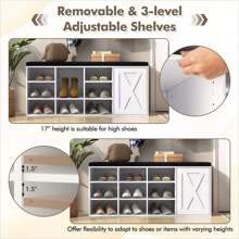 9-Rack Shoe Bench W/ Door Cabinet & 9 Racks & Sponge Padded Cushion White - Multicolor - View 5