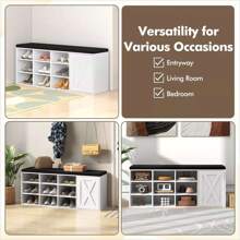9-Rack Shoe Bench W/ Door Cabinet & 9 Racks & Sponge Padded Cushion White - Multicolor - View 3