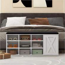 9-Rack Shoe Bench W/ Door Cabinet & 9 Racks & Sponge Padded Cushion White - Multicolor - View 7